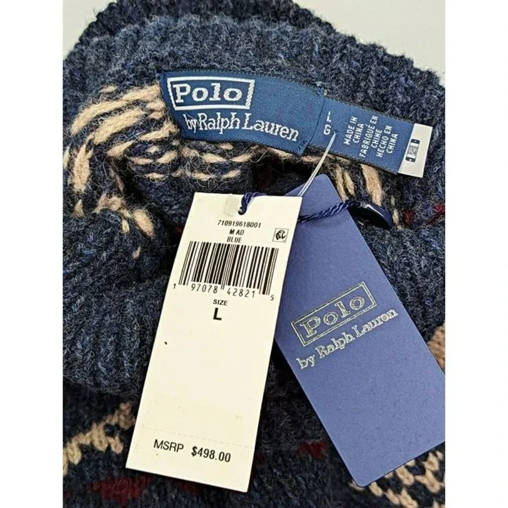 Polo Ralph Lauren Men's Blue Fair Isle-Knit Wool Blend Sweater Size L MSRP $498